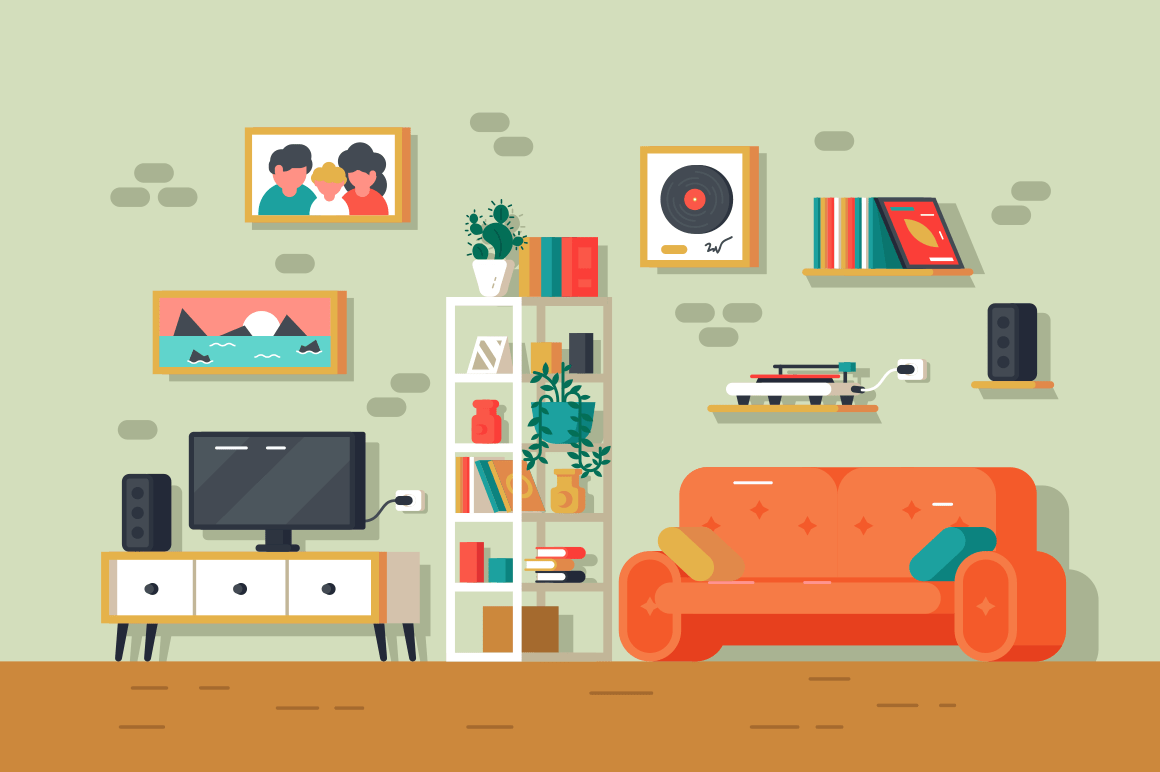 Cute and colorful living room interior. Furniture and decor family photo, sofa tv-set and bookshelf vector illustration flat style design. Sweet home concept