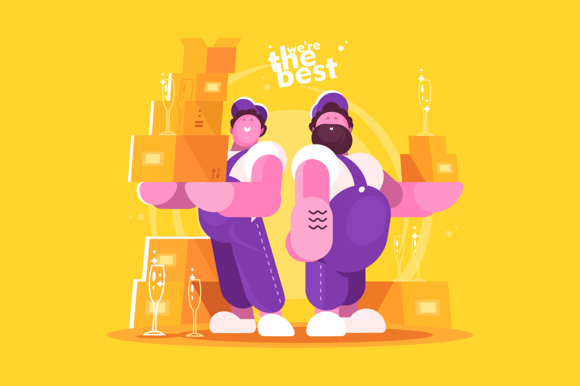 Couple loaders movers team with cardboard boxes. Two men in uniform. Moving and delivery company concept. Flat. Vector illustration.