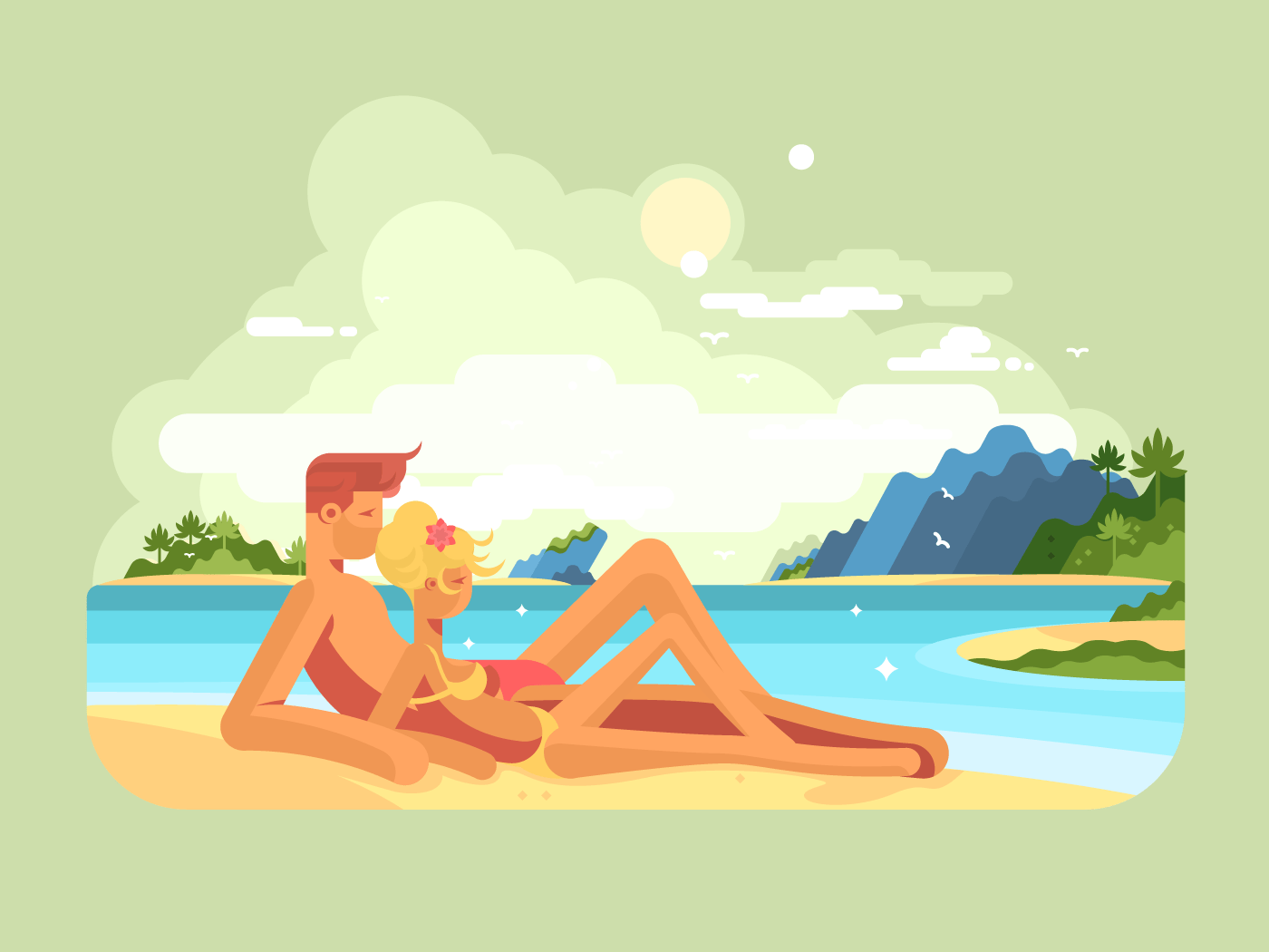 Man and woman on beach flat vector illustration