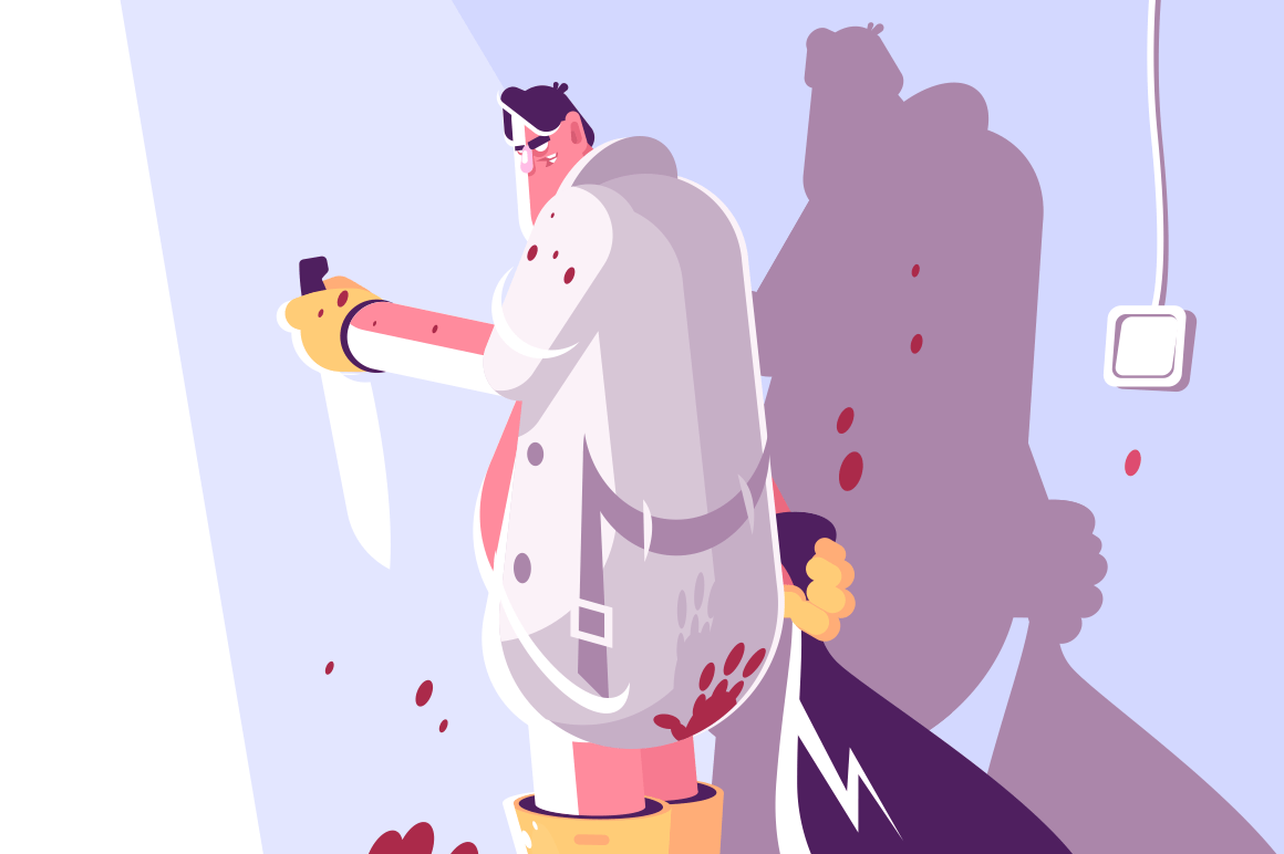 Horror maniac with knife and bag vector illustration. Man with dagger in blood spatter room flat style concept. Gloating killer holding bloody butcher poniard after killing