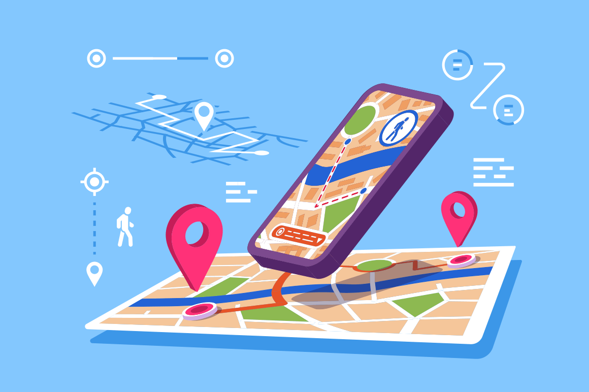 Location maps online application vector illustration. Modern smartphone with opened app of geolocation with pins, possible routes, distances flat style design. GPS satellite navigation concept