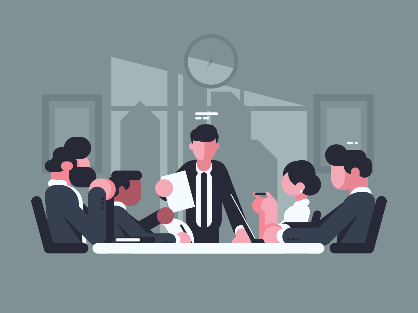 Business meeting in office. Meeting of shareholders of company. Vector illustration