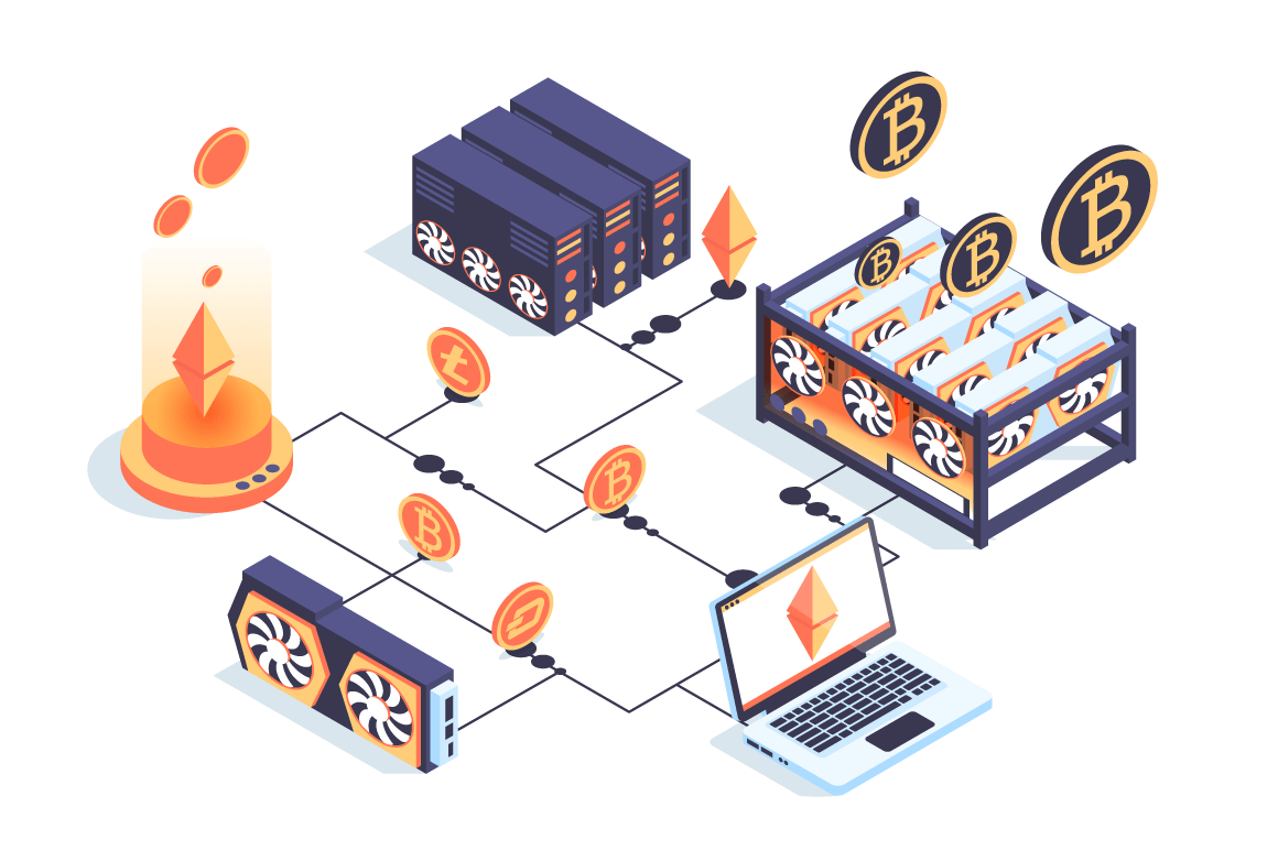 3d isometric mining farm with server, laptop, bitcoin, video card.