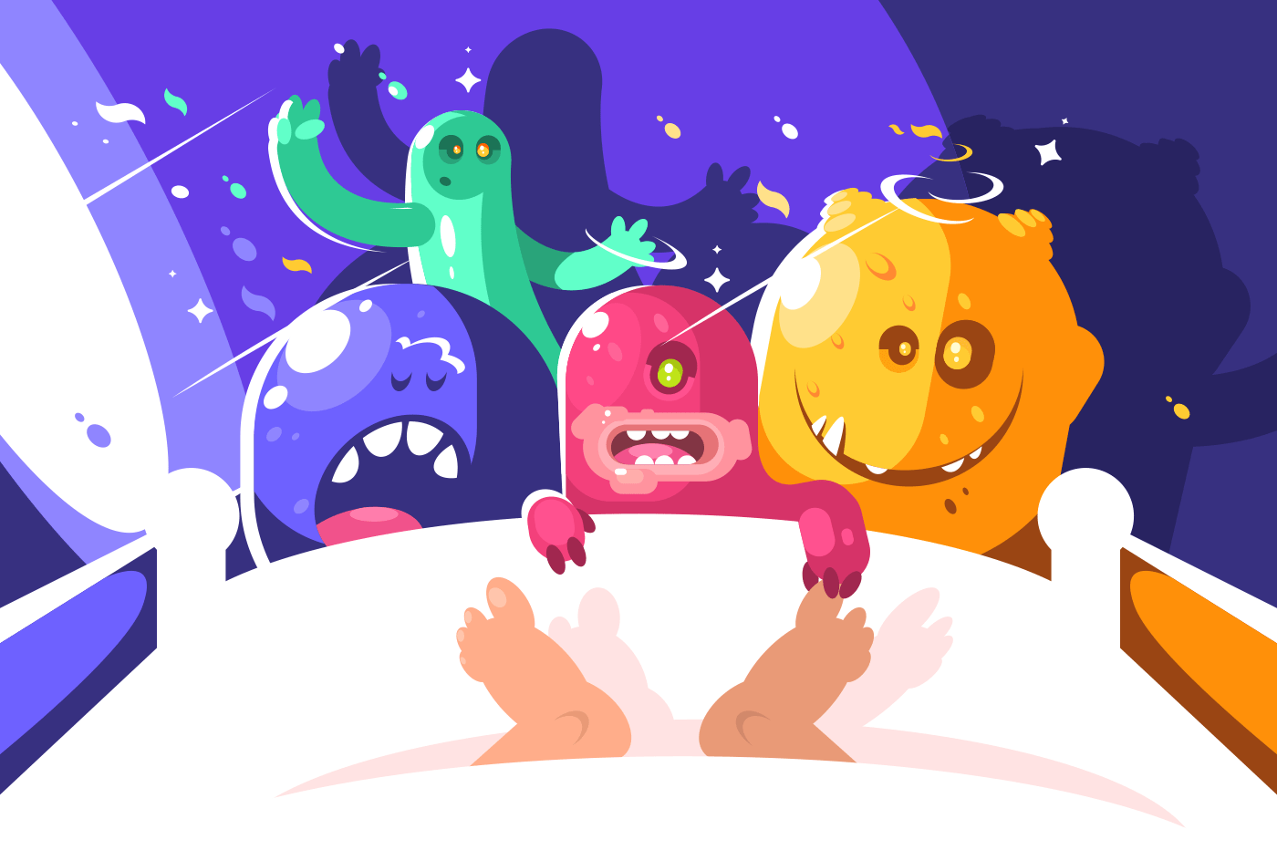 Night cute monsters bother sleeping in bed. Colored characters, vector illustration