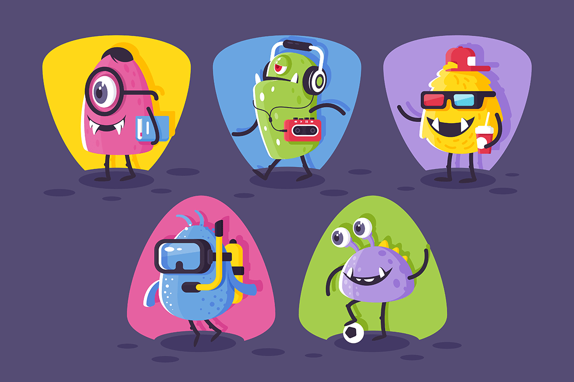 Collection student, footballer, diver monsters with horrible elements for halloween.