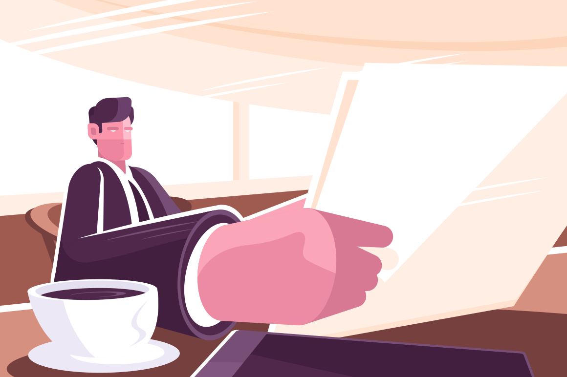 Businessman reading news in morning press vector illustration. Man sitting at table in business suit with newspaper in hand and drinking coffee at breakfast flat style concept