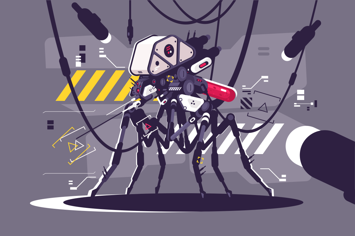 Cybernetic robot mosquito drone vector illustration. Steampunk cyborg flying animal monster flat style concept. Nano tech and Futuristic future technologies