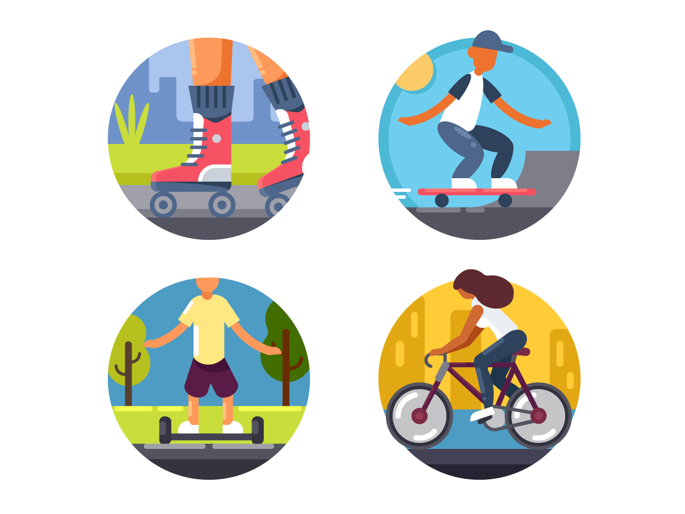 Ride bicycles or roller skate icons