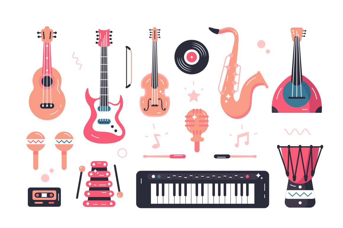Set of musical instruments vector illustration. Composition consists of violin, guitar, saxophone, maracas, balalaika and drum flat style design. Melodic accompaniment concept. Isolated on white
