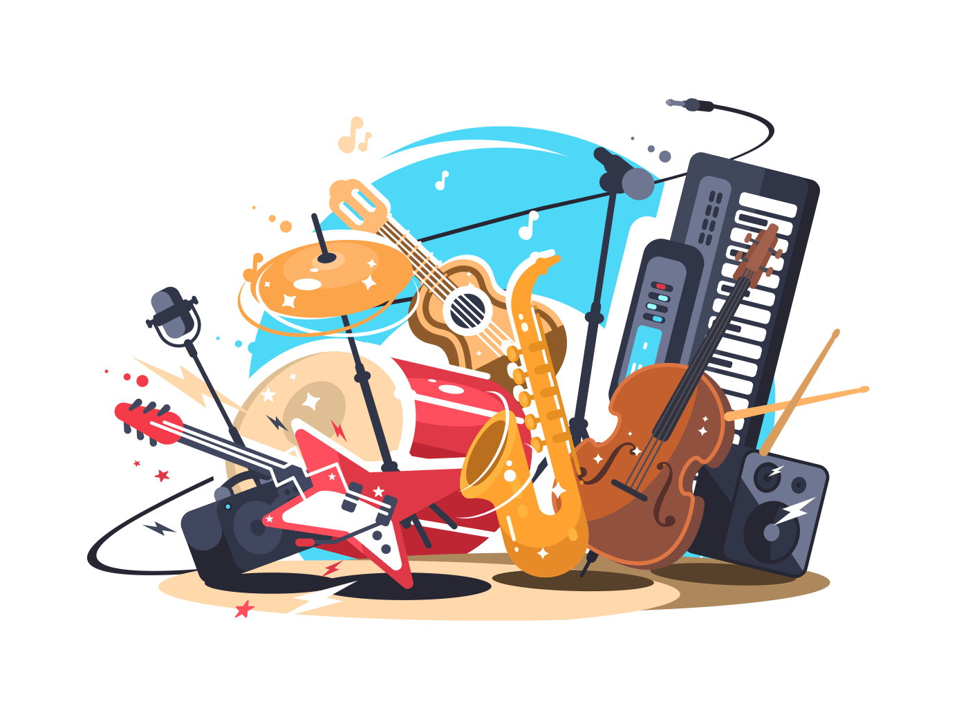 Musical instruments on stage. Guitar and drum set, saxophone and double bass. Vector illustration