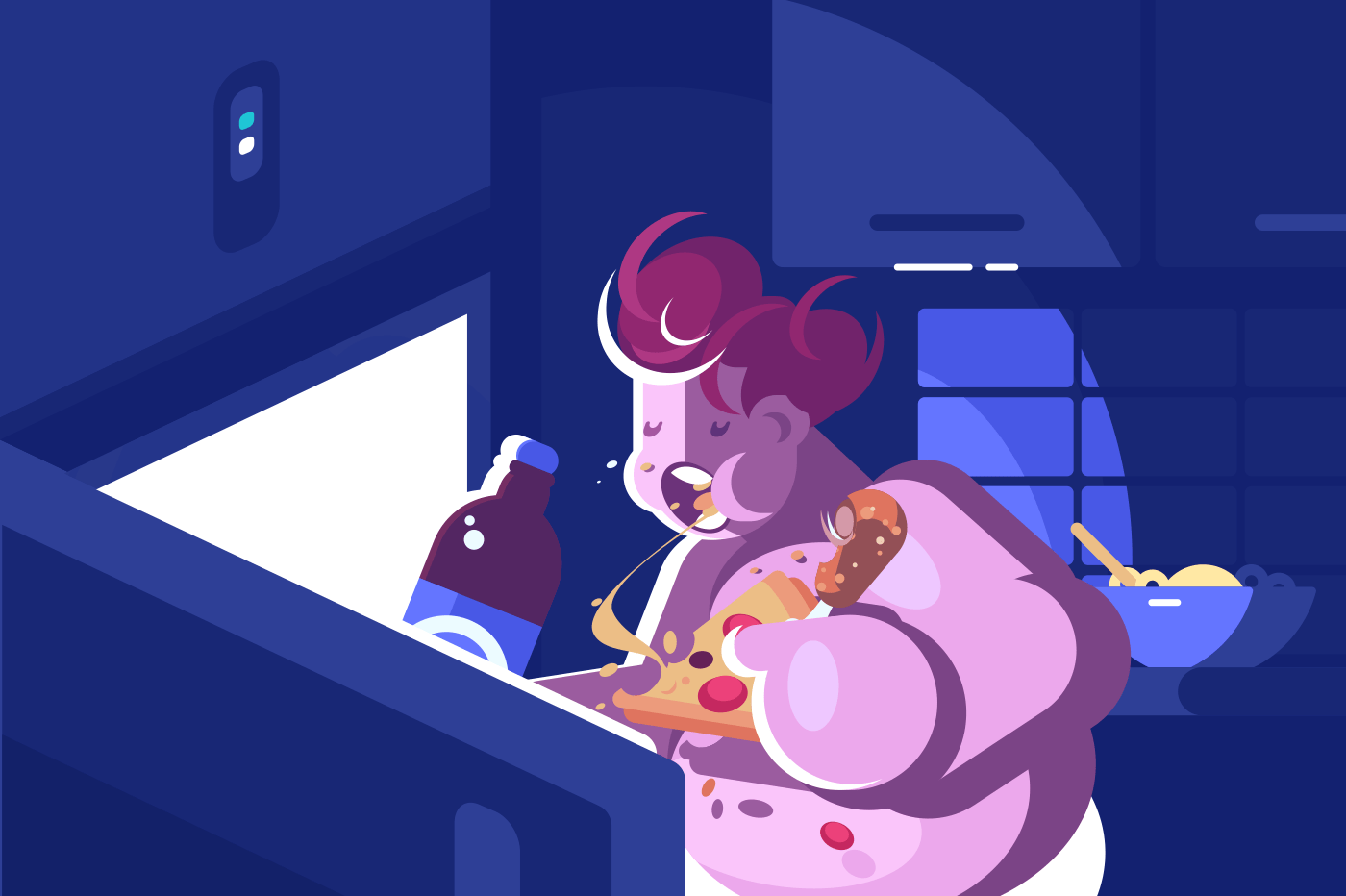 Nightly overeating and gluttony. Girl eating near open refrigerator. Vector illustration