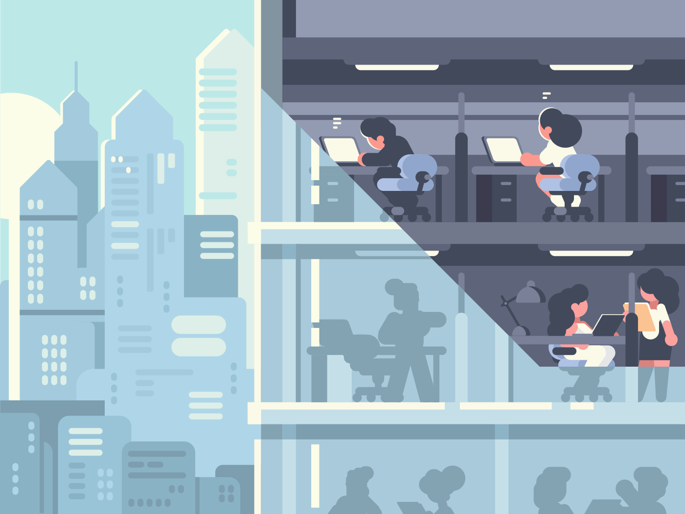 Work in office. People working in skyscraper in workplace. Vector illustration