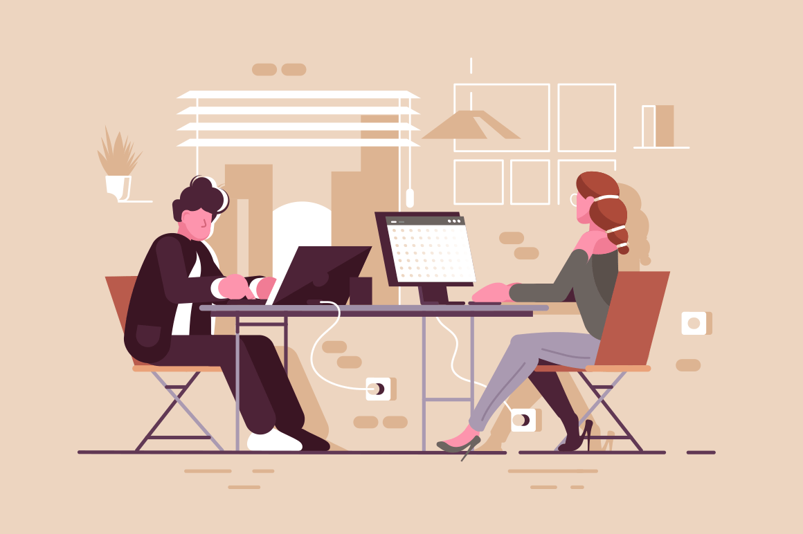 People in modern office vector illustration. Man and woman sitting opposite each other at workplaces flat style design. Colleagues typing on laptop and computer. Working process concept