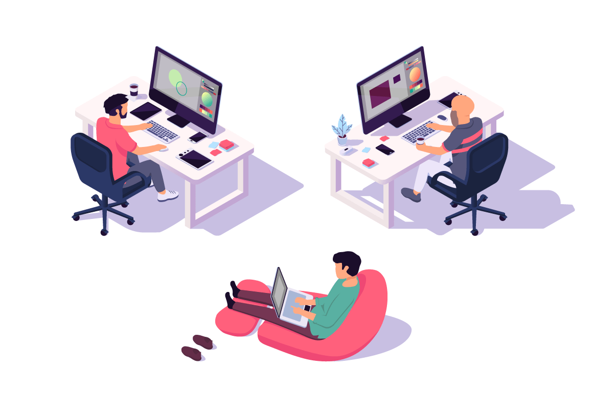 Isometric 3d office designers with businessman and computer.