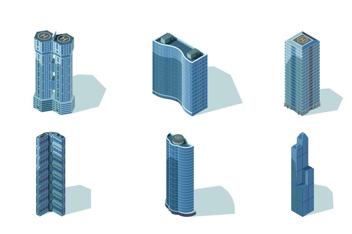 Set big urban office buildings with helipad.