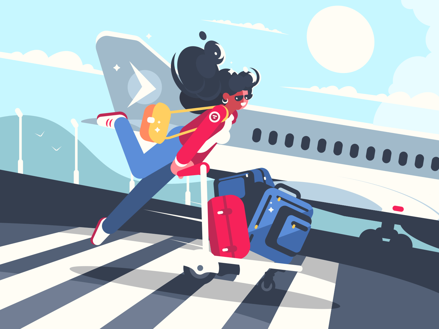 Girl carrying baggage on trolleys for flight. Air transportation service. Vector illustration