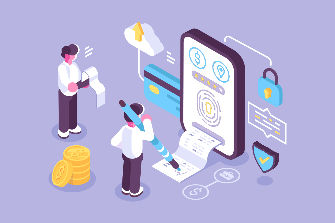 Bills online payment via mobile application vector illustration. Protection money transfer transaction and e-wallet flat style concept. Isolated on purple