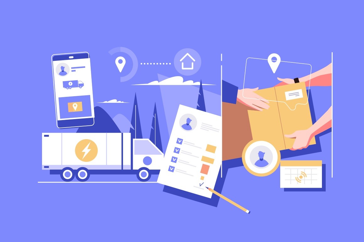 Package unloading and delivery vector illustration. Big lorry track shipping important cargo and cardboard boxes to internet users buying products and commodities on internet. Online shopping