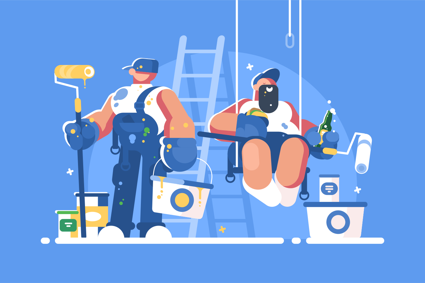 Brigade of painters with buckets and rollers. Builders have lunch. Vector illustration