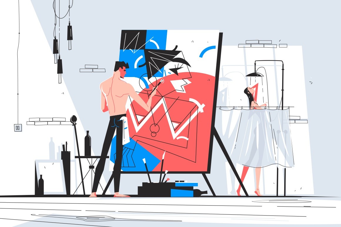Man painter standing at easel and creating picture vector illustration. Woman taking shower after posing for artist flat style design. Masterpiece and art concept