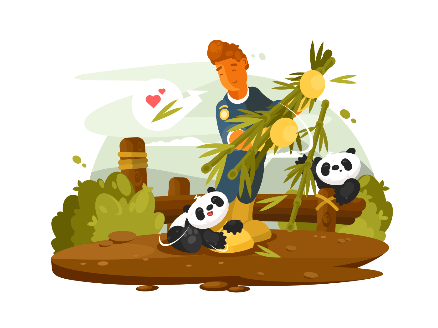 Zoo worker feeds cute pandas illustration