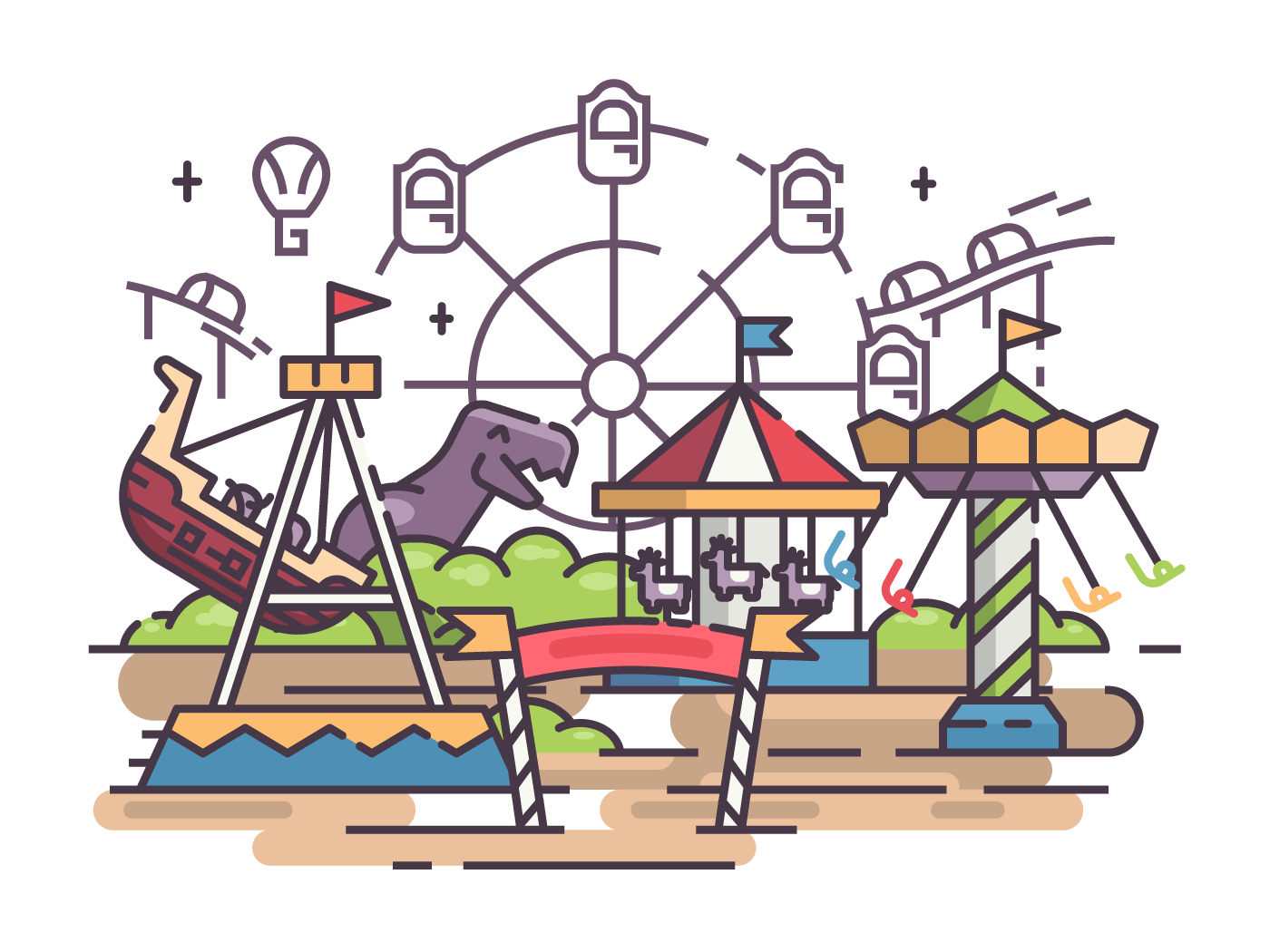 Amusement park with swing and merry-go-round and ferris wheel. Vector illustration