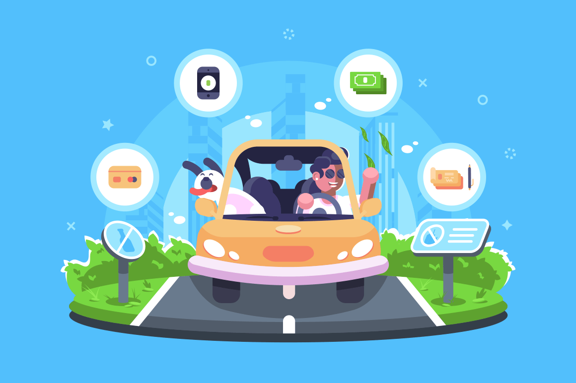 Online payment on the trip vector illustration. Boy travelling with dog by car and making e-payments using credit card smartphone check or cash flat style design. Signs do not litter on road