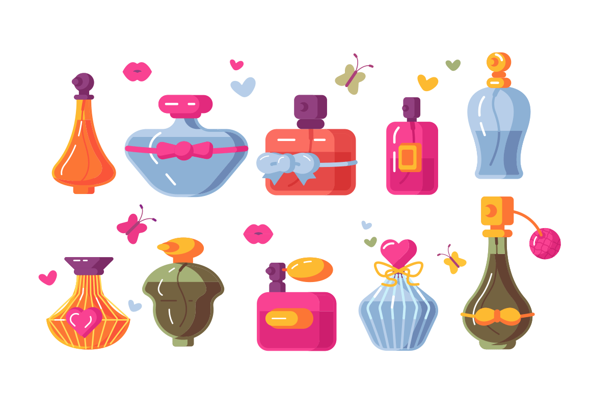 Perfume bottles set vector illustration. Composition consists of scent flacons different shapes and colours flat style design. Cosmetics concept. Isolated on white