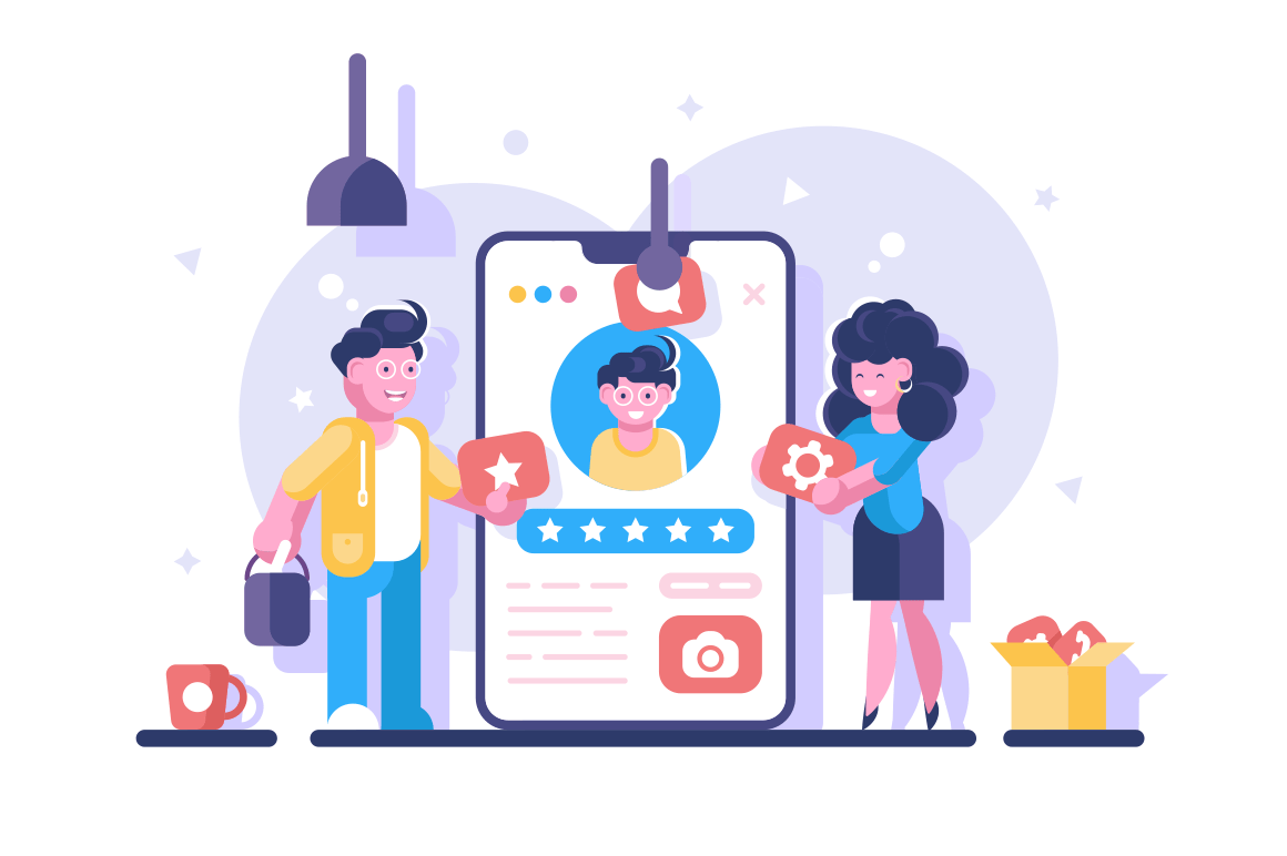 Social media personal profile vector illustration. Online dating app with users account for creating and share content or to participate in networking flat style. Settings messages video symbols