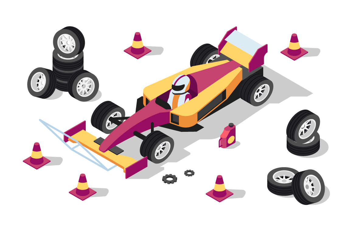 3d isometric sport car at pit stop with wheels, cones and gear.