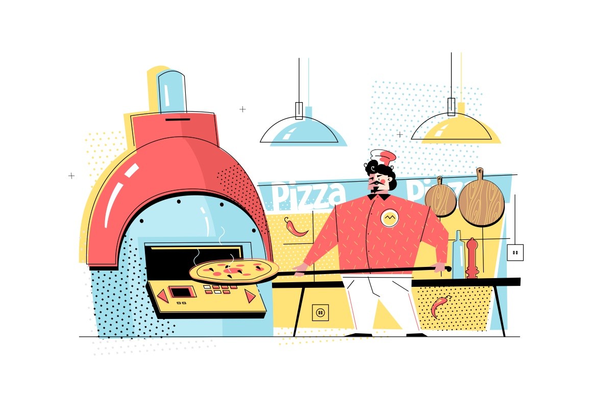 Man baking pizza vector illustration. Professional cook in uniform cooking dish in oven flat style concept. Restaurant kitchen interior with kitchenware on background
