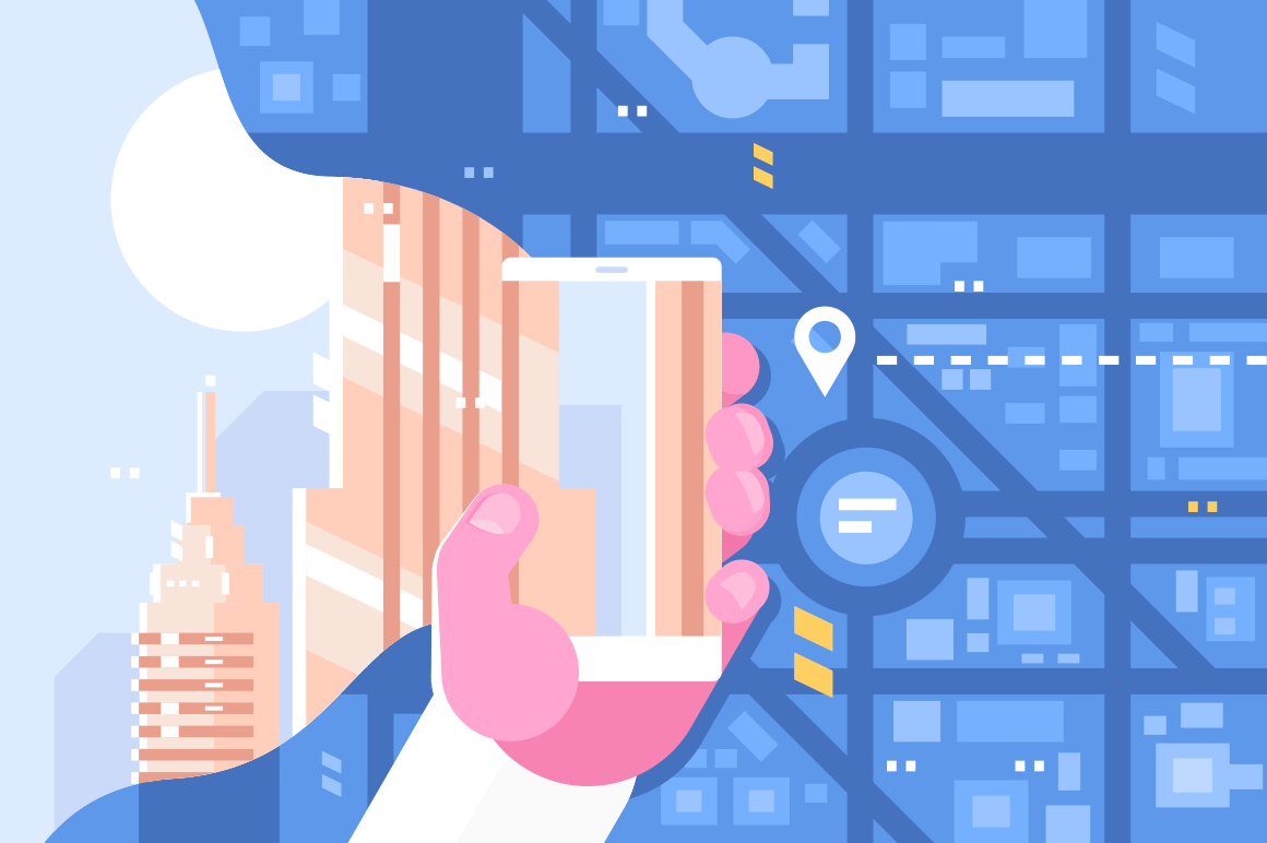 Man plots route using smartphone app. Modern gadget in male hand with city map on screen flat style concept vector illustration. Mobile phone navigation technology online