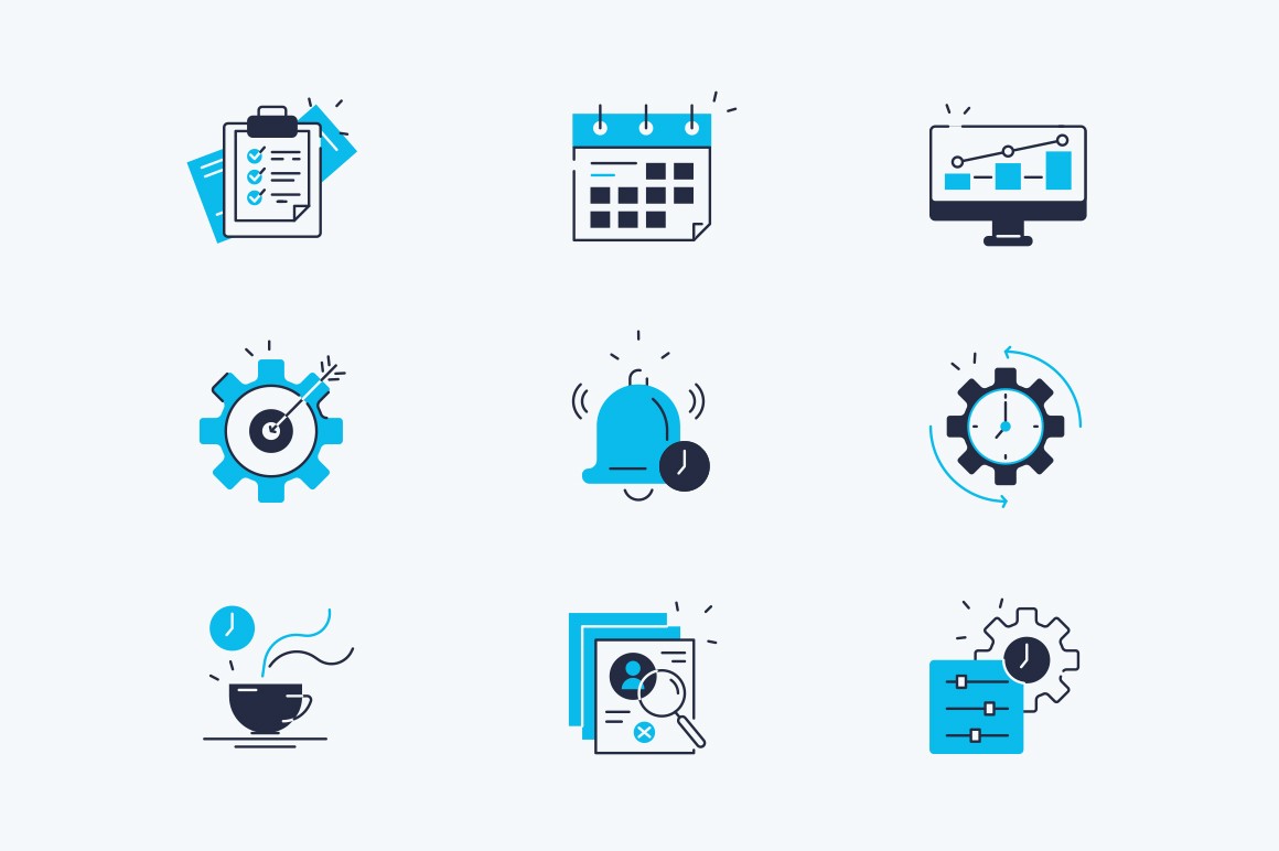 Productivity line icons set vector illustration. Collection consist of work planning, target, efficiency growth, time management and personal tracking tools flat concept. Isolated on white