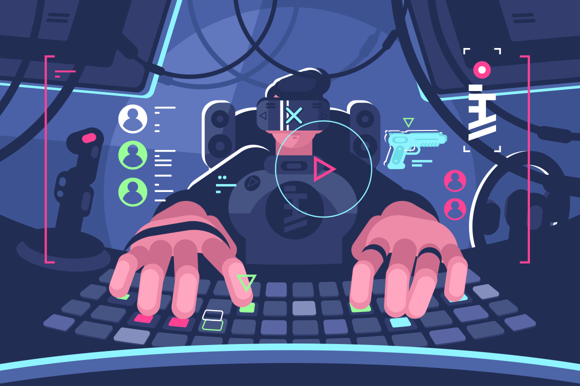 Professional virtual reality computer gamer person. Man in vr glasses playing online game on pc. Flat style. Horizontal. Vector illustration.