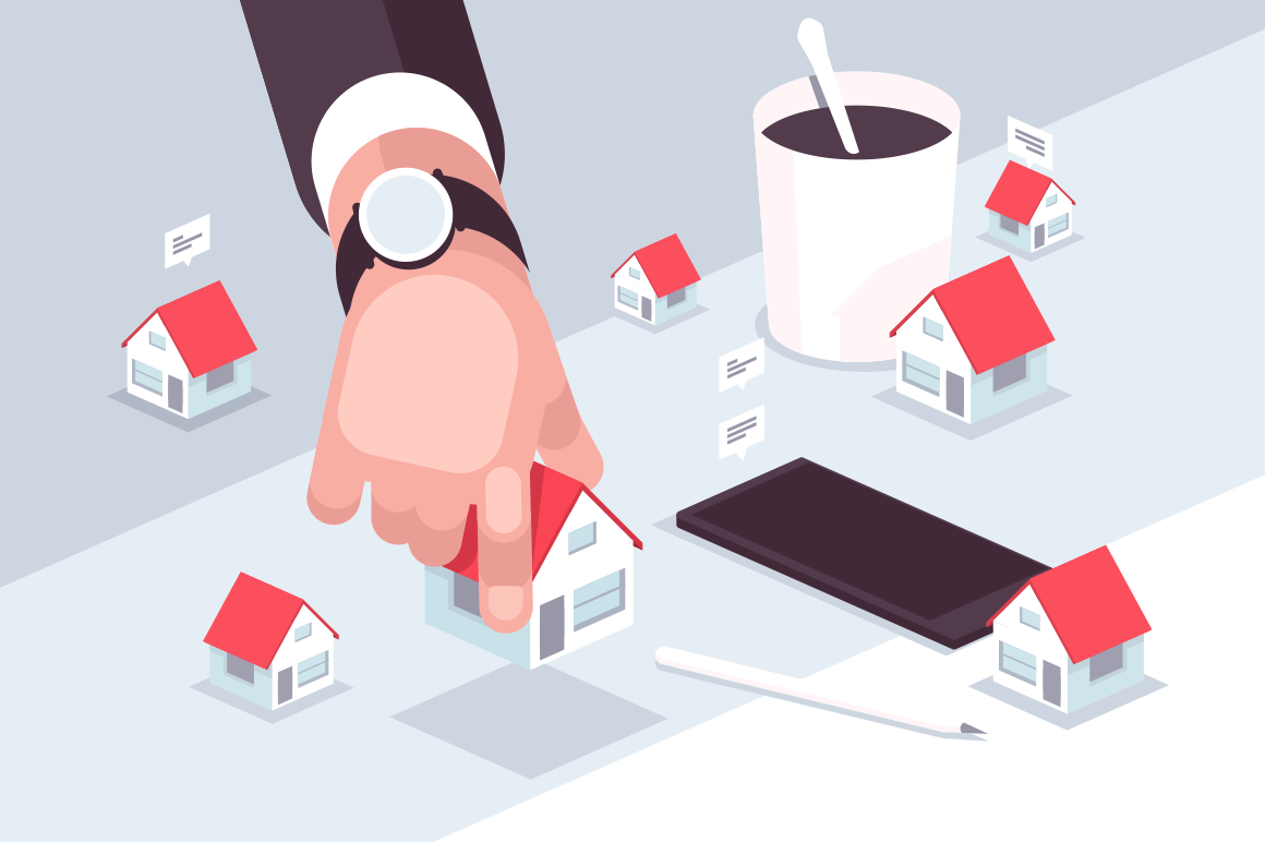 Property market vector illustration. Agent of real estate hand holding miniature house flat style design. Realtor helping to search dream home. Deal sale or buying realty concept