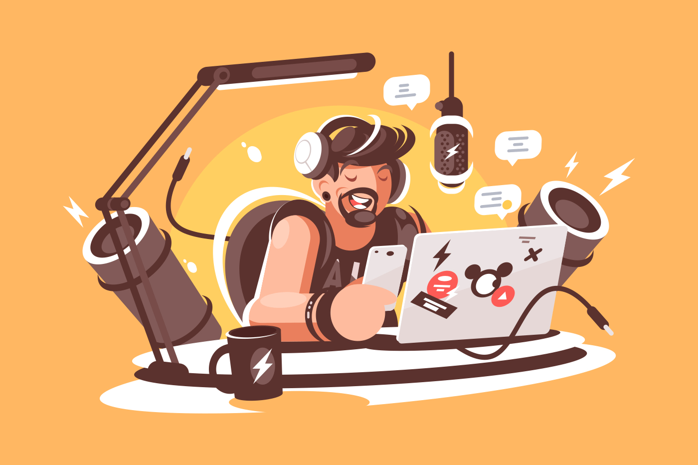 Radio presenter broadcasting in studio. Concept awesome man with beard leads a show in chat, radio, online. Vector illustration.