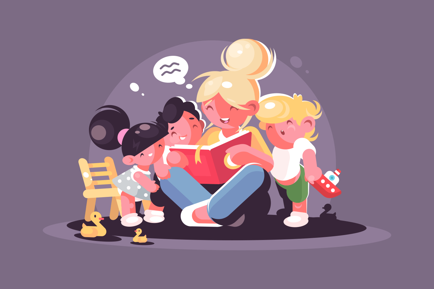 Mom reads fairy tale for kids. Teacher with group of children. Vector illustration