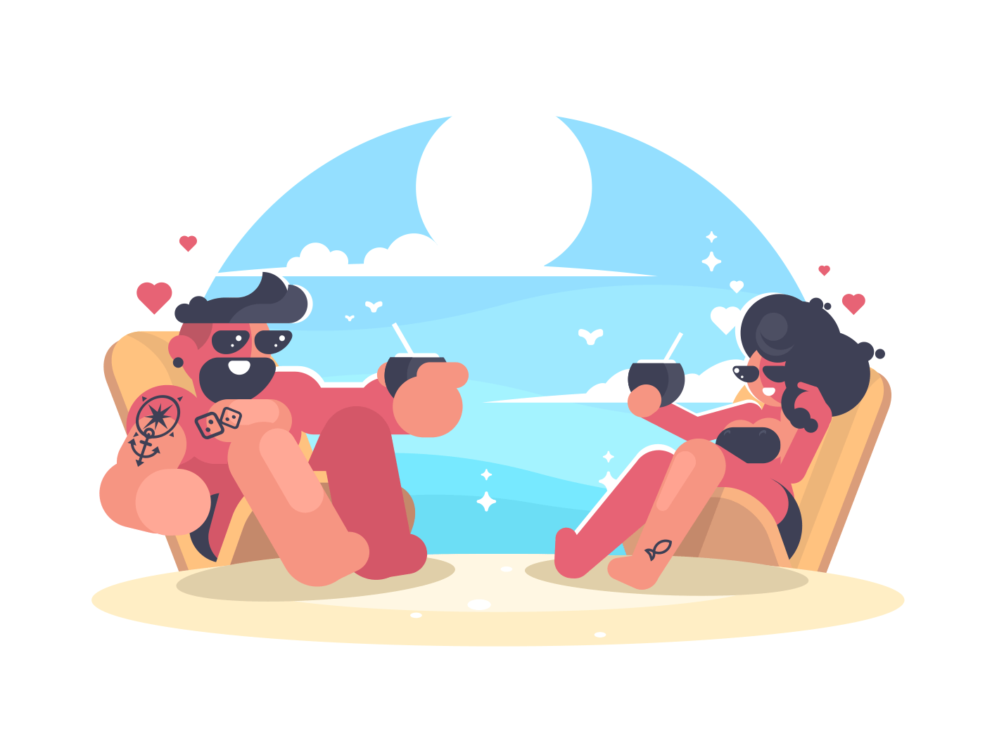 Loving couple resting on beach. Guy and girl drinking a cocktail by sea. Vector illustration