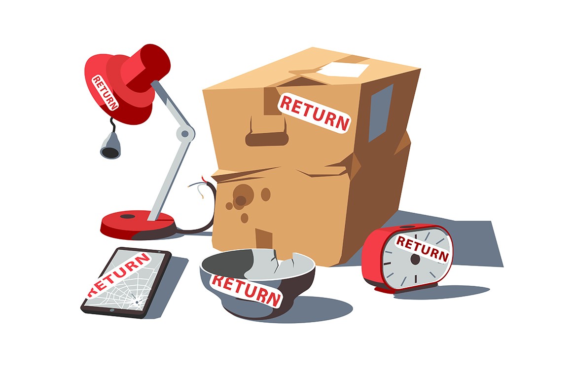 Return of damaged goods vector illustration. Broken table-lamp, smartphone, plate, clock and cardboard packaging flat style design. Repair and exchange service concept