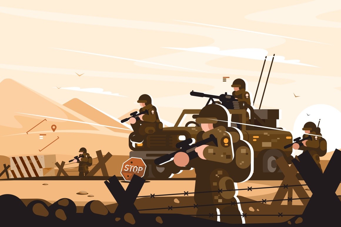 Military roadblock with soldiers vector illustration. Men of arms standing in khaki uniform with weapon at barbed wire blocking road flat style design. Conflict escalation concept