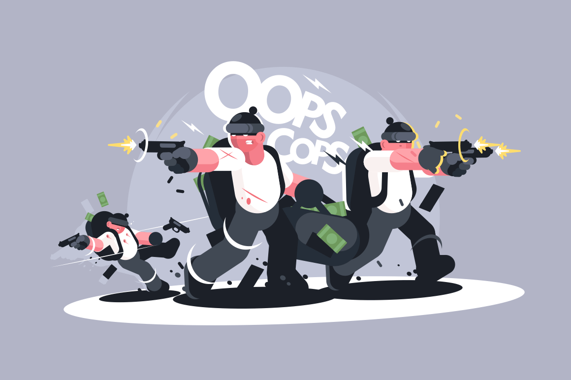 Group of robbers in masks with weapons. Criminals running away with money and shooting back vector illustration. Thieves committing theft and pursued by police flat style design. Oops Cops lettering