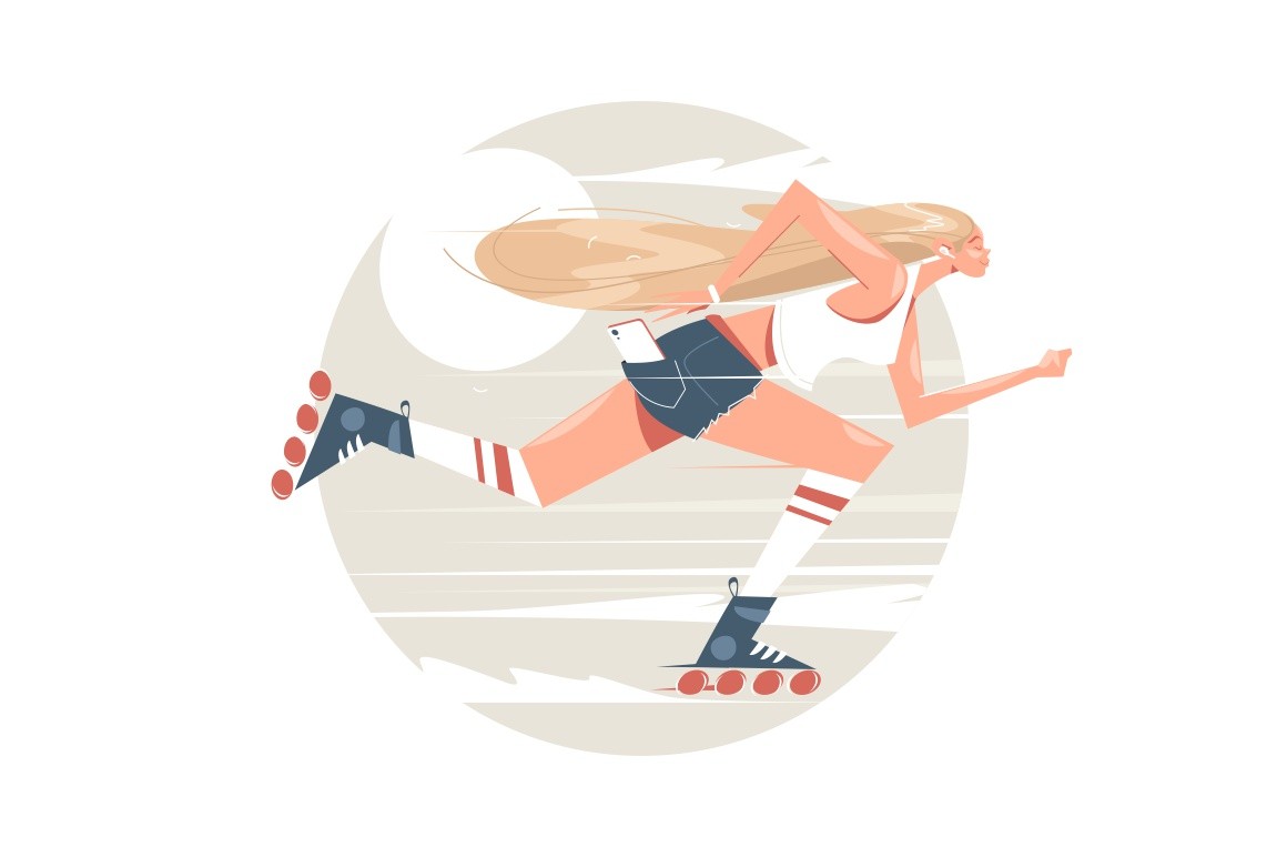 Girl roller skating vector illustration. Blonde woman in sportswear flat style. Hobby and spare time outside. Enjoy life and happiness concept. Isolated on white background