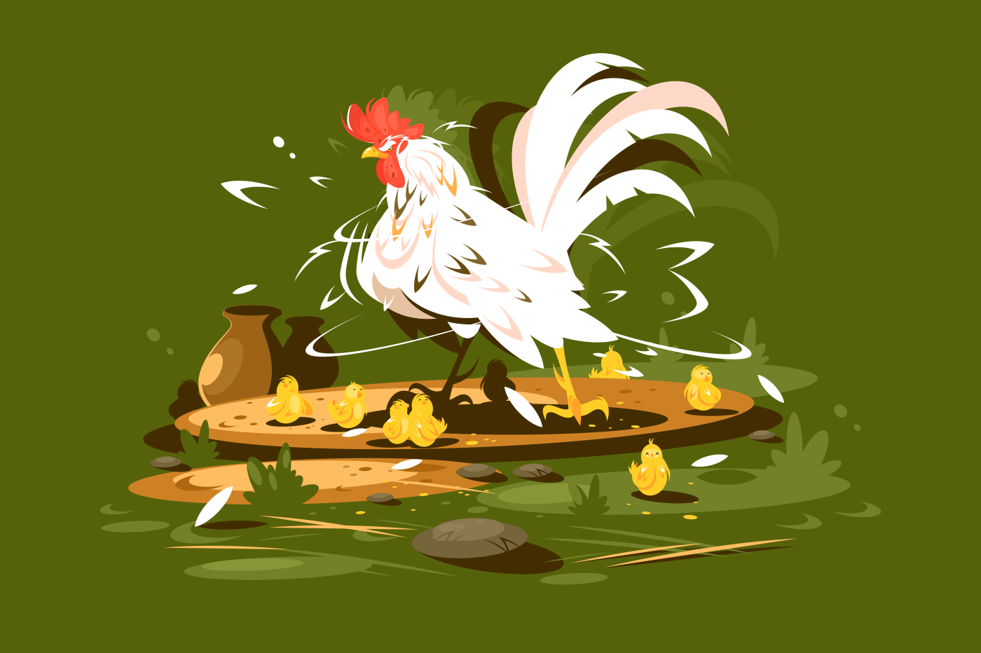 Rooster daddy with yellow chickens. Bird family on farm. Vector illustration