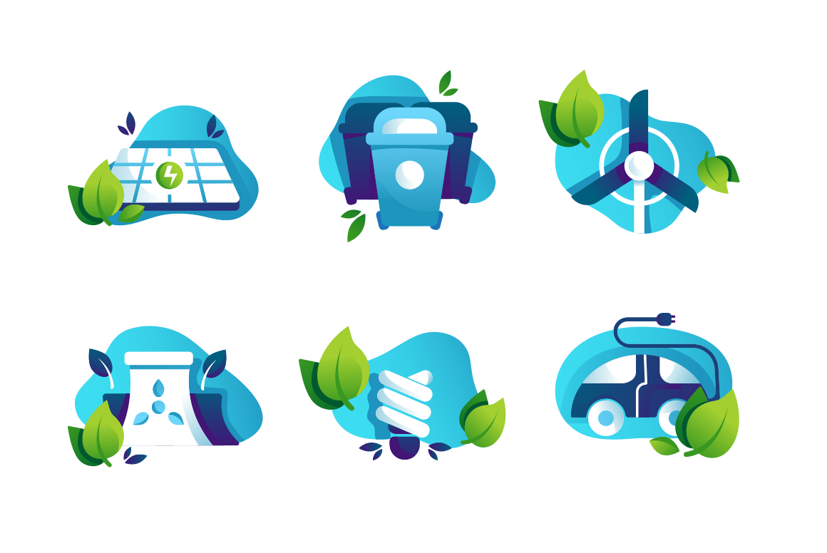 Set icons with safe planet, solar panels, energy-saving lamp, electric car, trash can.
