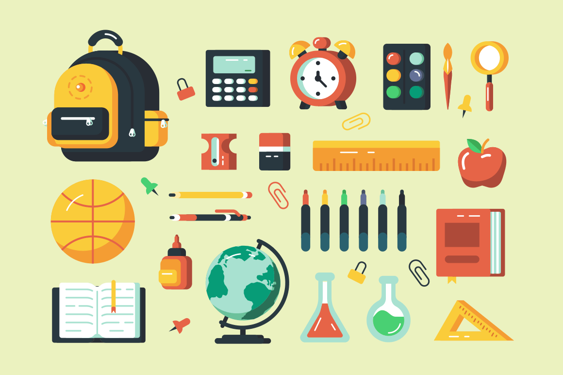 Set of school supplies vector illustration. Different learning accessories consist of bag, transporter, ruler and red apple flat style design. Happy scholarship concept isolated on pale yellow