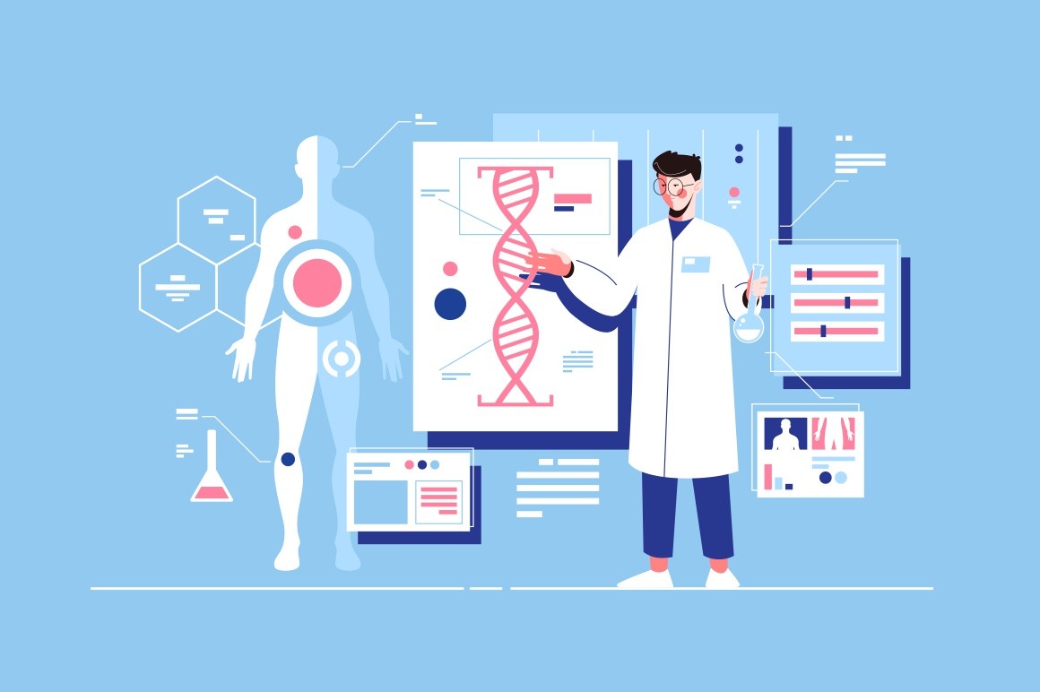 Man scientist with dna model vector illustration. Researcher conducting research with human deoxyribonucleic acid molecule in laboratory flat style design. Science concept
