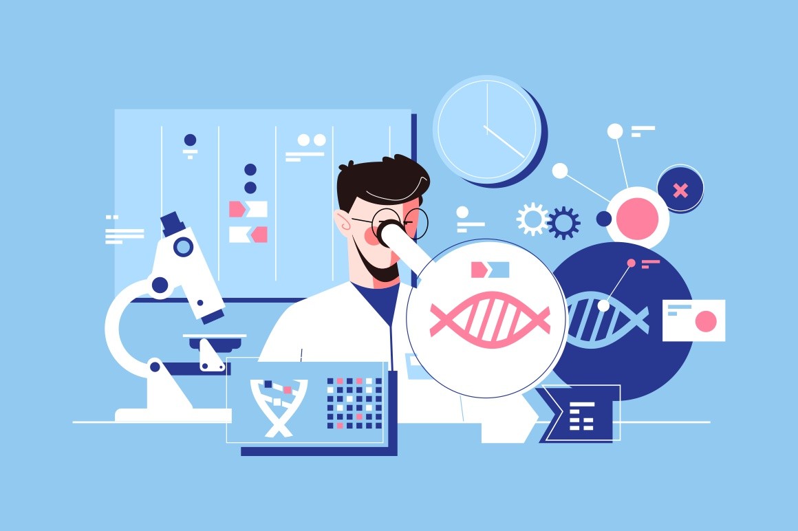 Man scientist in laboratory vector illustration. Researcher conducting research of dna molecule with microscope in lab flat style design. Science concept