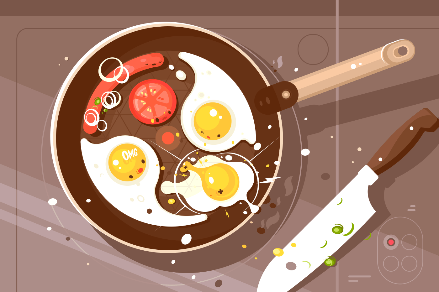 Fry delicious scrambled eggs and sausage in frying pan. Appetizing breakfast view from above. Vector illustration