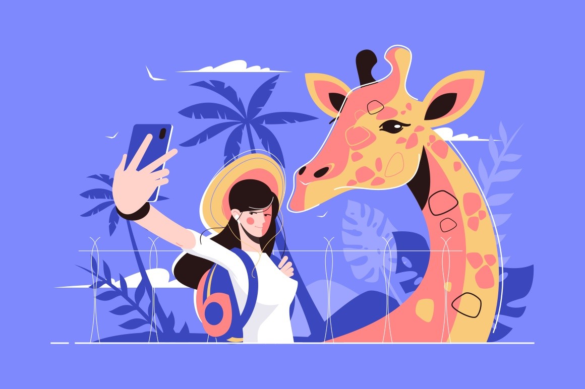 Selfie with giraffe vector illustration. Girl traveller making photos with camelopard flat style design. Travelling concept. Tropical plants on background