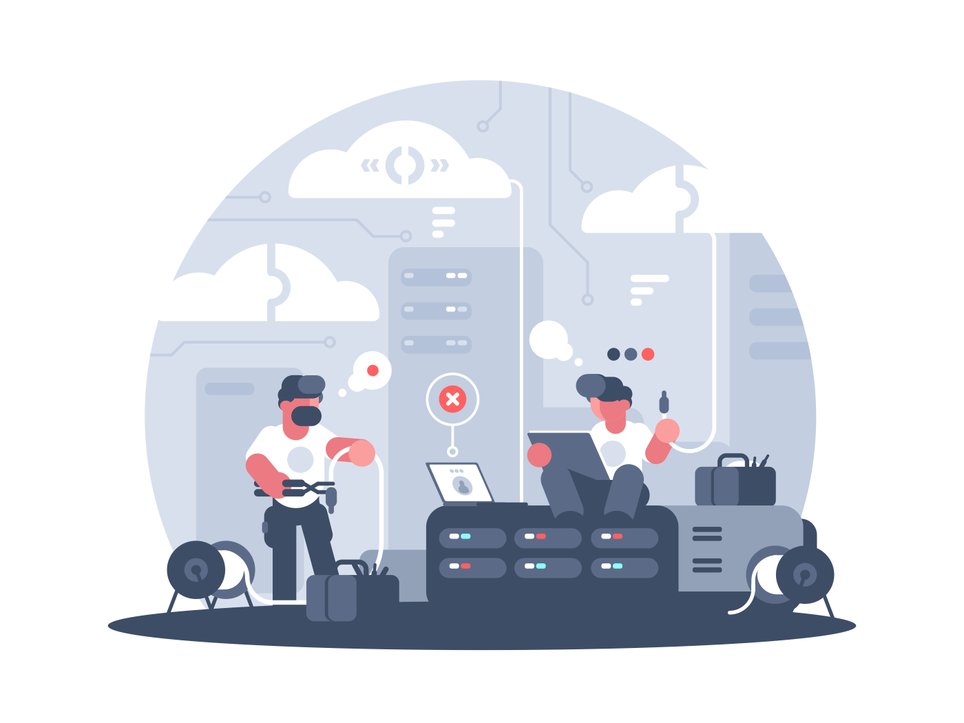 Engineers of service support of communication and connection. Vector illustration